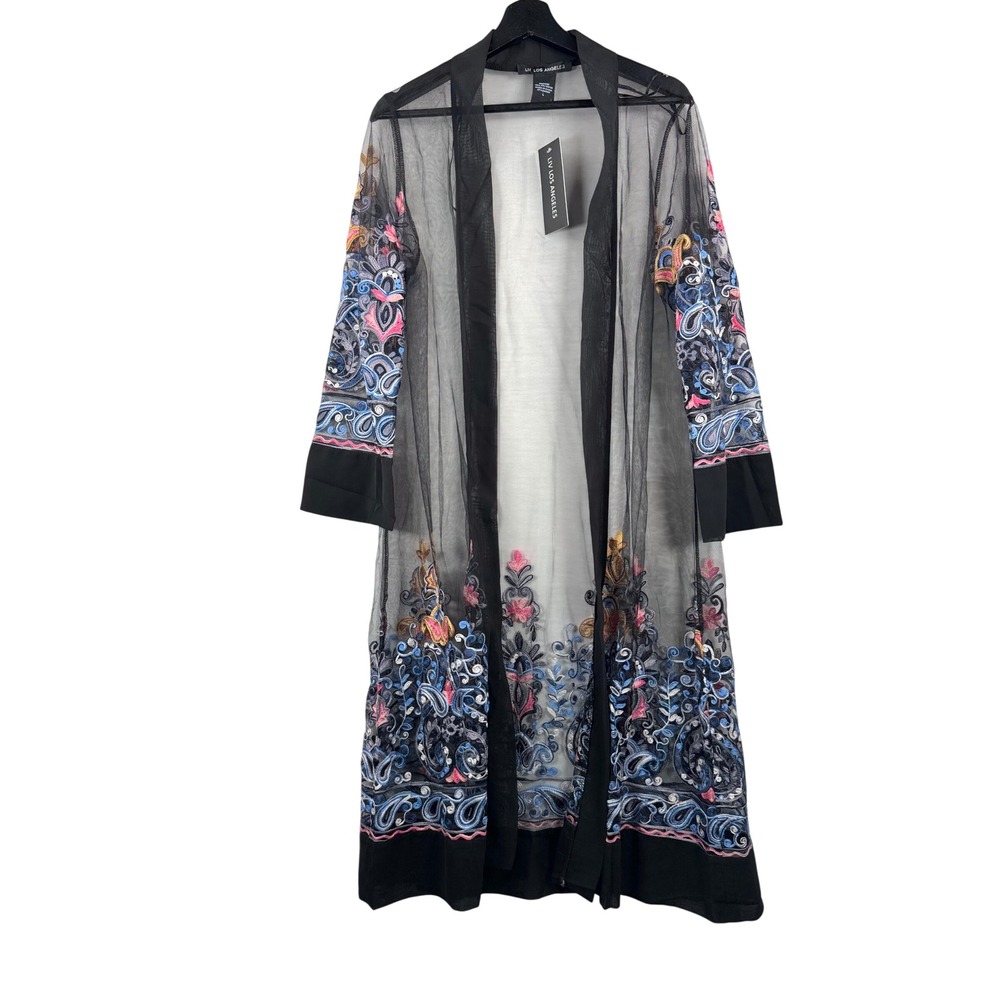 Liv Los Angeles Duster Cardigan sz L Black Sheer Mesh Embroidered whimsigoth